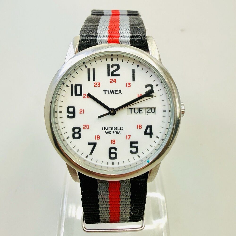 Timex 35mm Mens Silver Tone Day Date Red Stripe Nylon Band Watch Indiglo EUC
